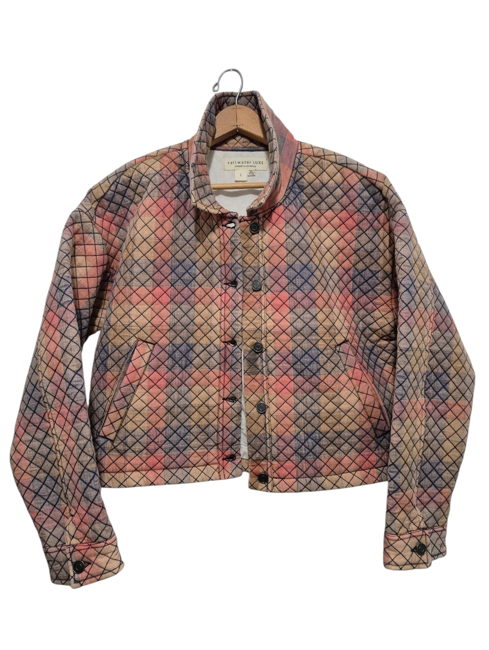 Saltwater Luxe (Anthro) Penny Quilted Jacket LARGE Multi Color Madras Plaid